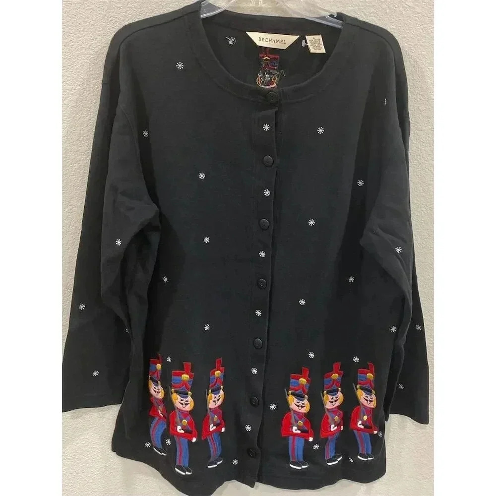 Bechamel Women's L Black Christmas Cardigan Toy Soldier Design Sweater vintage